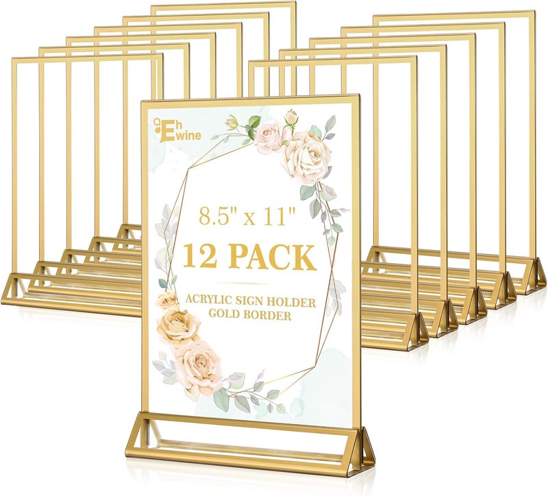 EHWINE 12 Pack Acrylic Sign Holder 8.5 x 11, Double Sided Gold Picture Frame Stand up Table Top Sign Holders, Clear Display Stand Menu Flyer Holder for Wedding Party (Provide Non-slip Mats) - Image 1